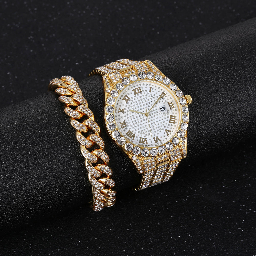 Men's Hip Hop Watch & Diamond-Style Bracelet Set yellow by HitMyNeed