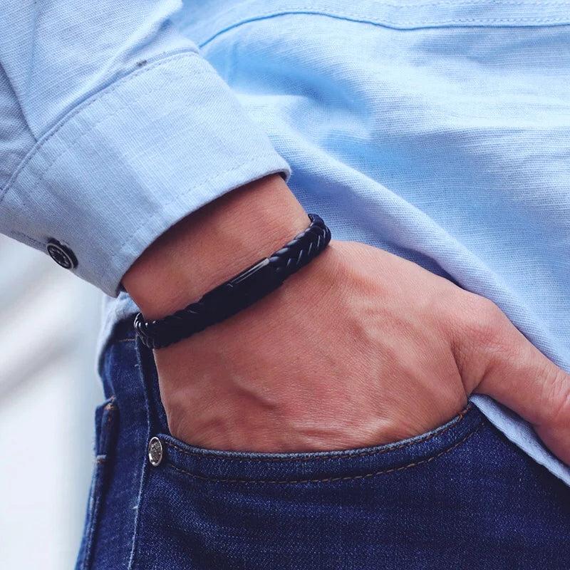 Men's Leather Bracelet with Stainless Steel Cable by HitMyNeed