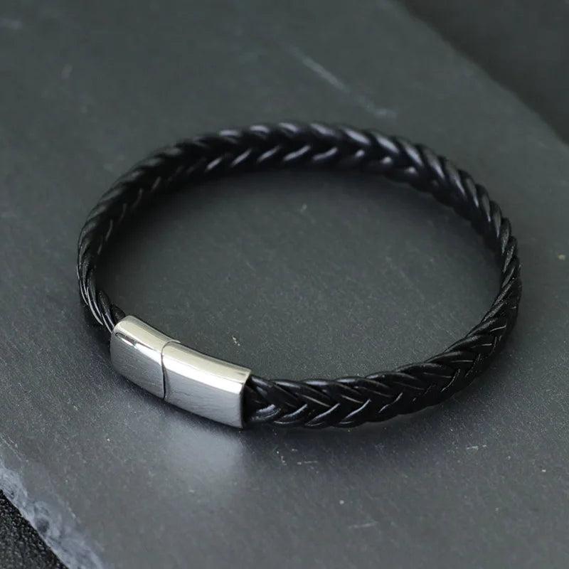 Men's Leather Bracelet with Stainless Steel Cable blacksilver by HitMyNeed