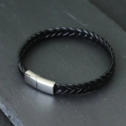 Men's Leather Bracelet with Stainless Steel Cable blacksilver by HitMyNeed