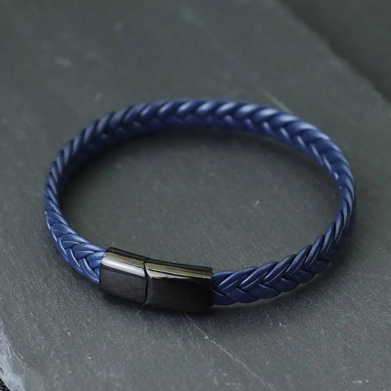 Men's Leather Bracelet with Stainless Steel Cable blueblack by HitMyNeed