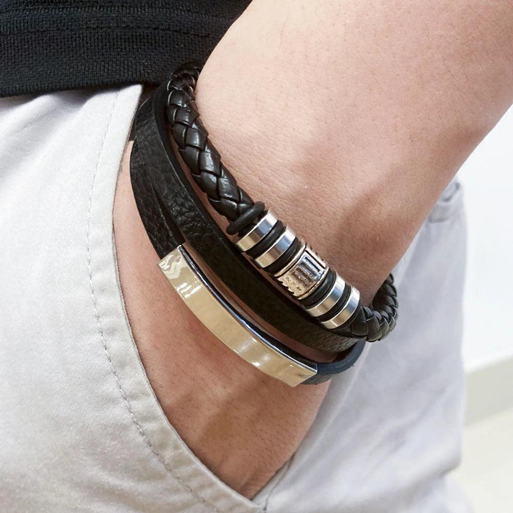 Men's Leather & Stainless Steel Multilayer Bracelet by HitMyNeed