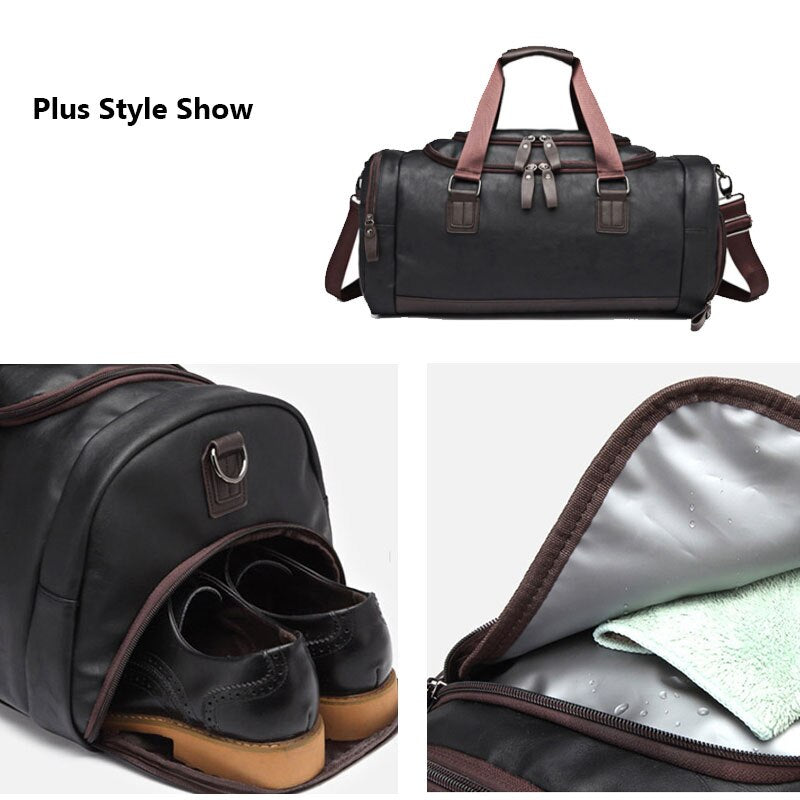 Men's PU Leather Travel Duffle Bag with Shoe Compartment by HitMyNeed