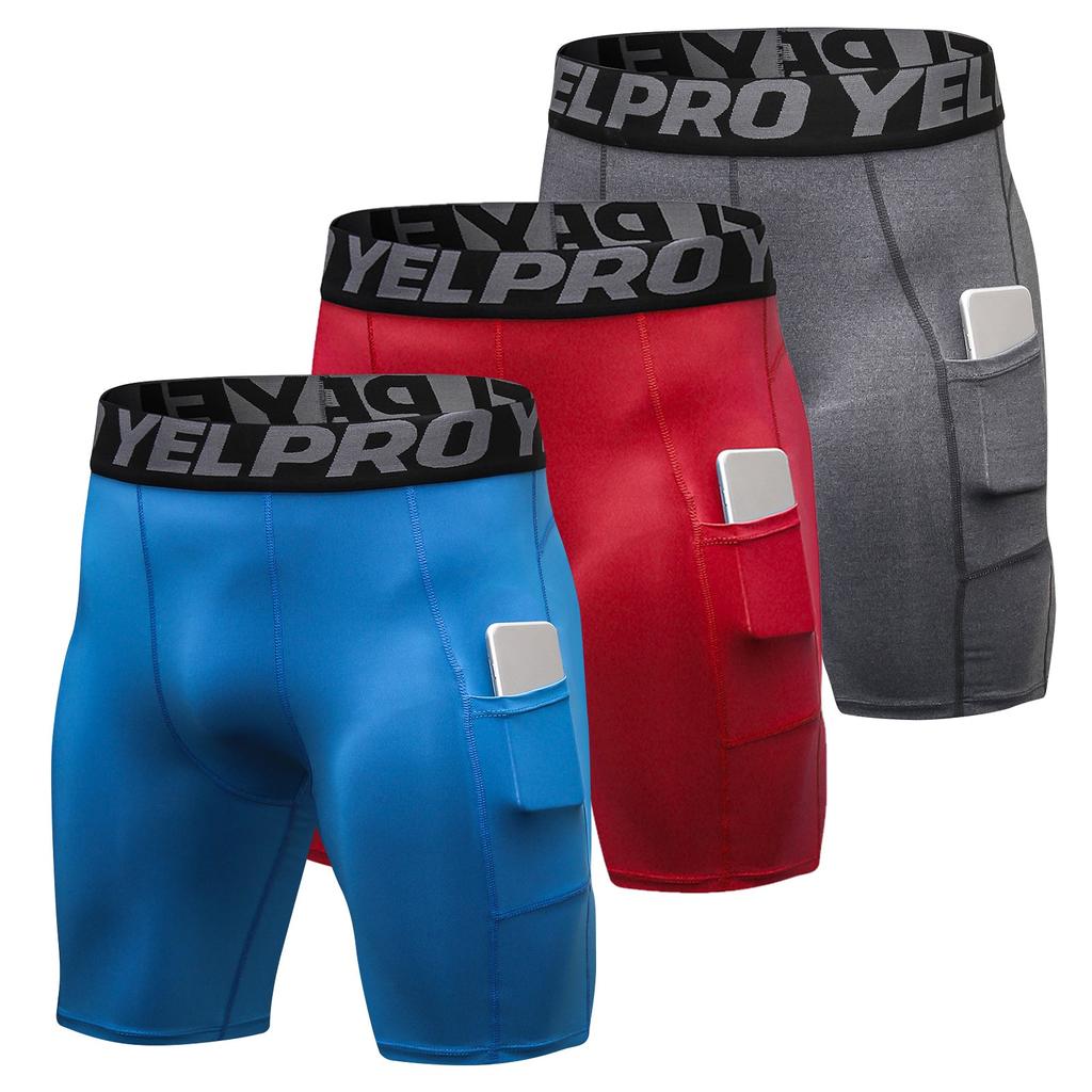 Men's Running Shorts 3-Pack with Side Pockets blue-gray-red s by HitMyNeed
