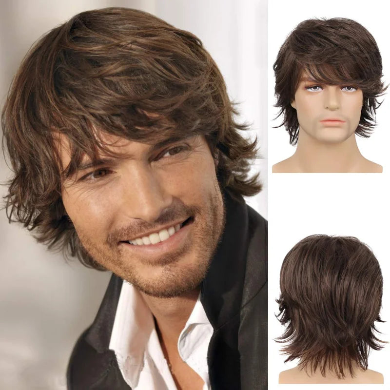 Men's Short Black Fluffy Heat-Resistant Wig brown by HitMyNeed