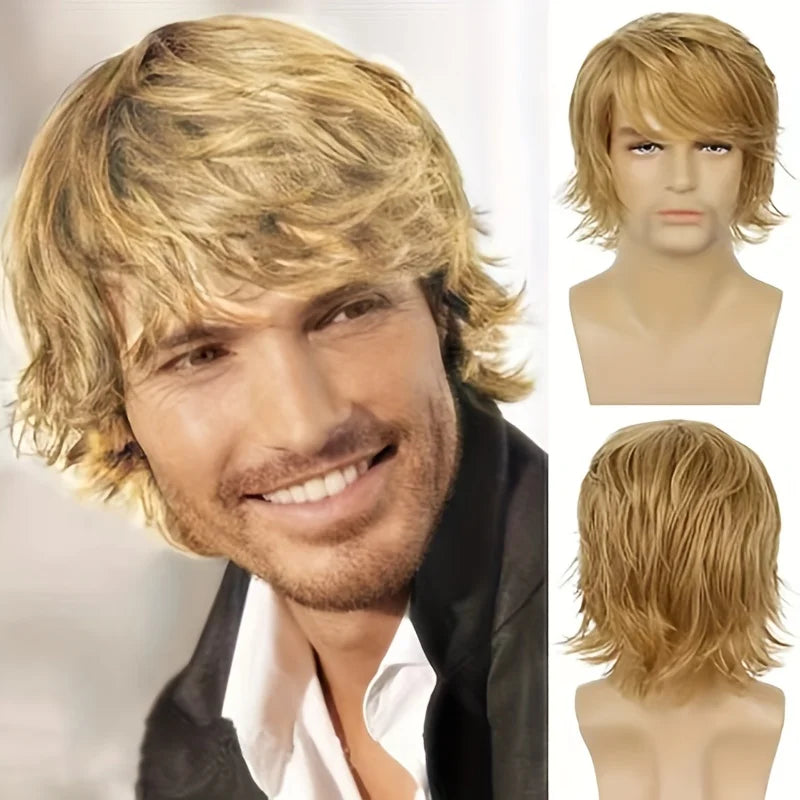 Men's Short Black Fluffy Heat-Resistant Wig golden by HitMyNeed