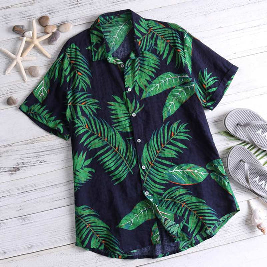 Men's Short Sleeve Hawaiian Cotton Shirt blue xl by HitMyNeed