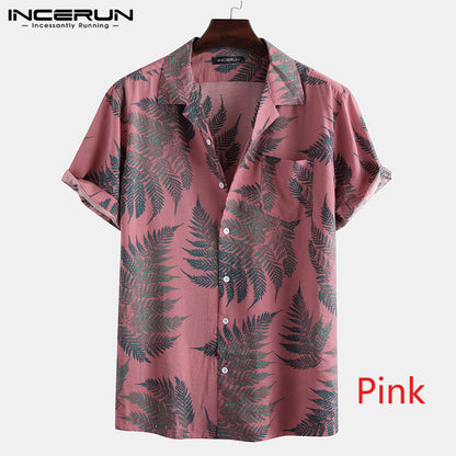 Men's Short Sleeve Hawaiian Cotton Shirt pink 5xl by HitMyNeed