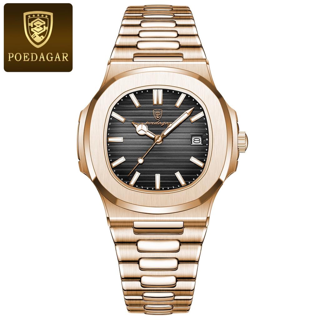Men's Stainless Steel Square Quartz Watch, Date rose-gold-black-s by HitMyNeed