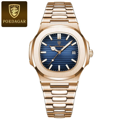 Men's Stainless Steel Square Quartz Watch, Date rose-gold-blue-s by HitMyNeed