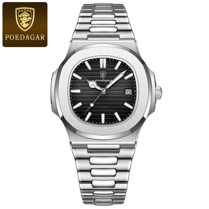Men's Stainless Steel Square Quartz Watch, Date silver-black-s by HitMyNeed