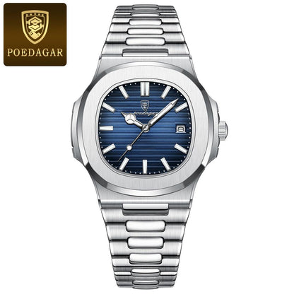 Men's Stainless Steel Square Quartz Watch, Date silver-blue-s by HitMyNeed