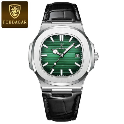 Men's Stainless Steel Square Quartz Watch, Date silver-green-l by HitMyNeed