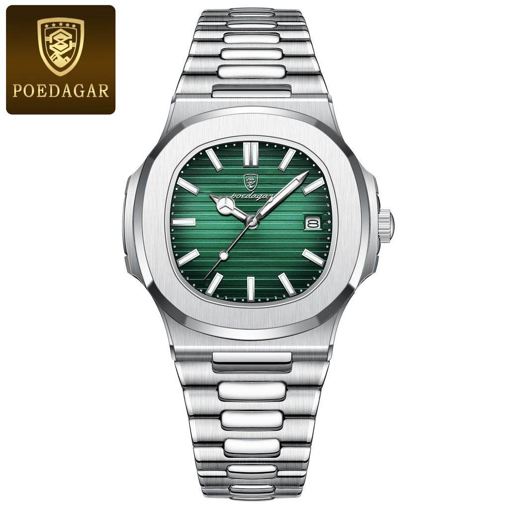 Men's Stainless Steel Square Quartz Watch, Date silver-green-s by HitMyNeed