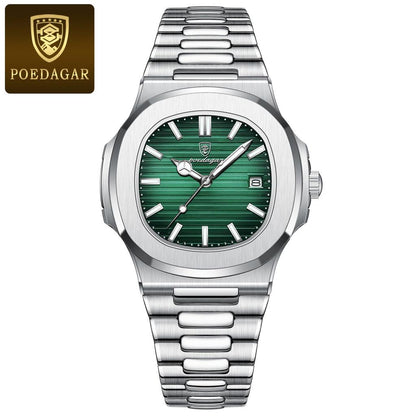 Men's Stainless Steel Square Quartz Watch, Date silver-green-s by HitMyNeed