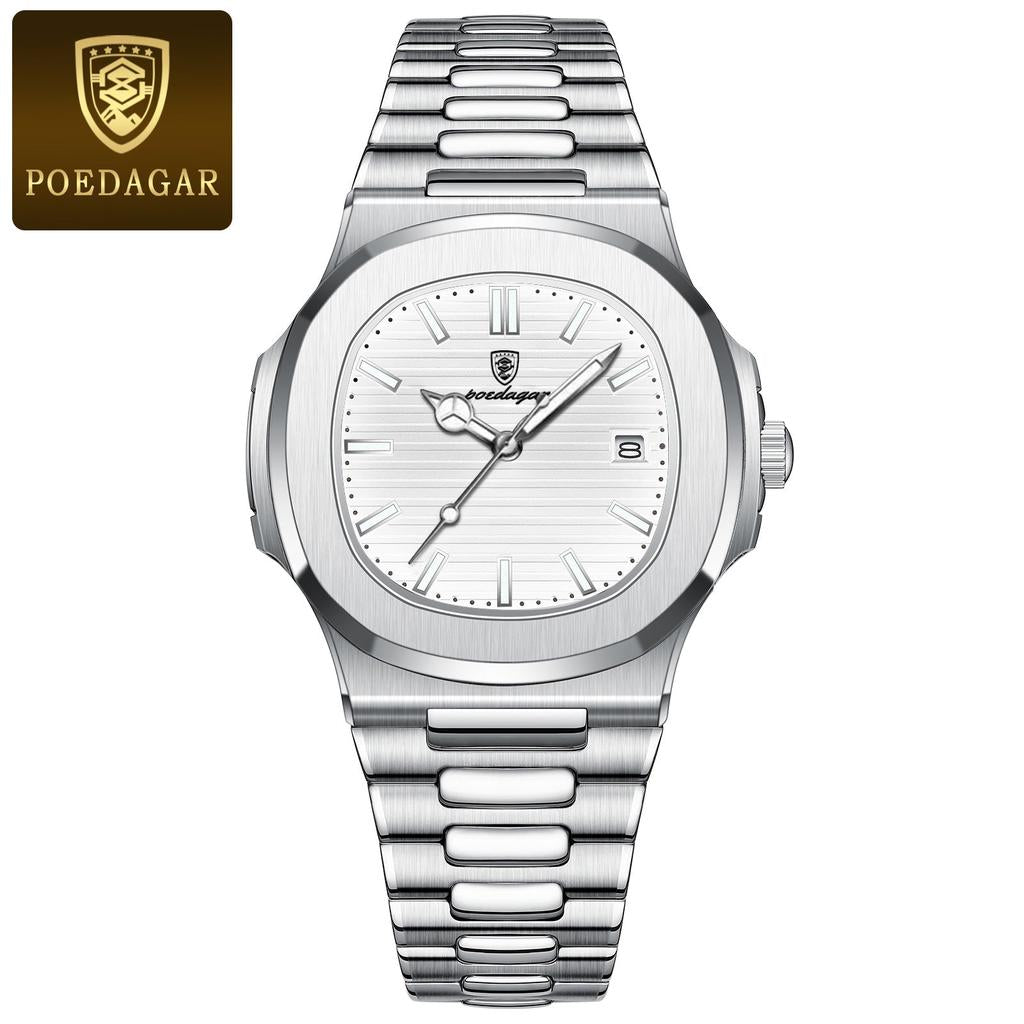 Men's Stainless Steel Square Quartz Watch, Date silver-white-s by HitMyNeed
