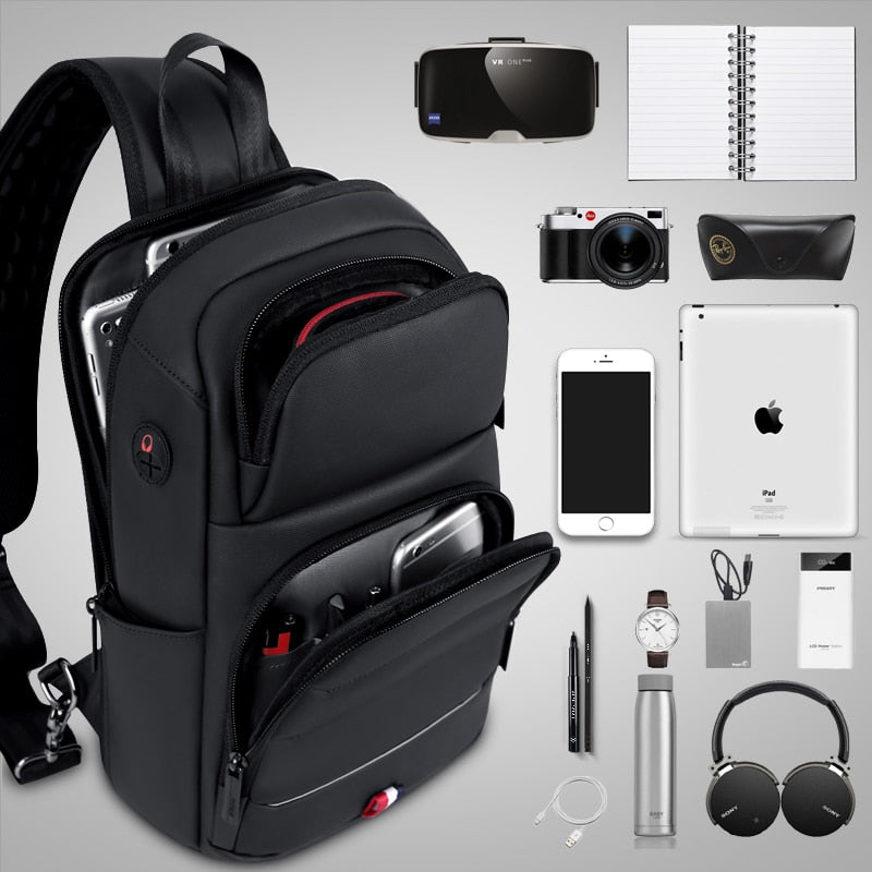 Men's Waterproof Chest Crossbody Bag with USB Port by HitMyNeed