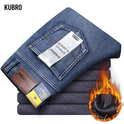 Men's Winter Fleece-Lined Stretch Denim Jeans by HitMyNeed
