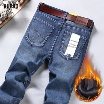 Men's Winter Fleece-Lined Stretch Denim Jeans by HitMyNeed
