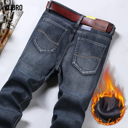 Men's Winter Fleece-Lined Stretch Denim Jeans by HitMyNeed