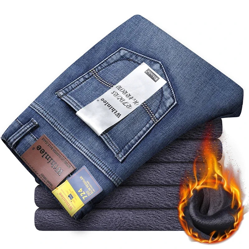 Men's Winter Fleece-Lined Stretch Denim Jeans blue-fleece 32-68kg-72kg by HitMyNeed