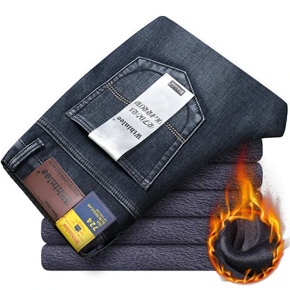Men's Winter Fleece-Lined Stretch Denim Jeans dark-blue-fleece 36-90kg-94kg by HitMyNeed