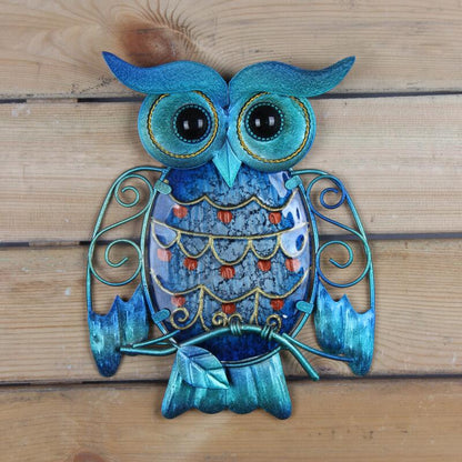 Metal Owl Wall Decor - Blue Iron and Glass Accent by HitMyNeed