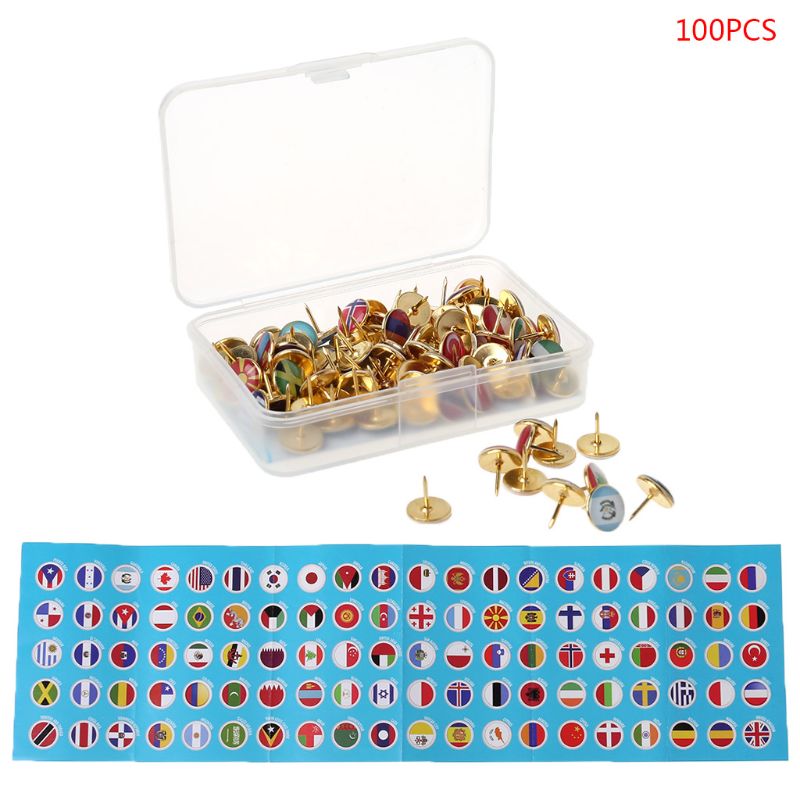 Metal World Flag Push Pins Set (100pcs) by HitMyNeed