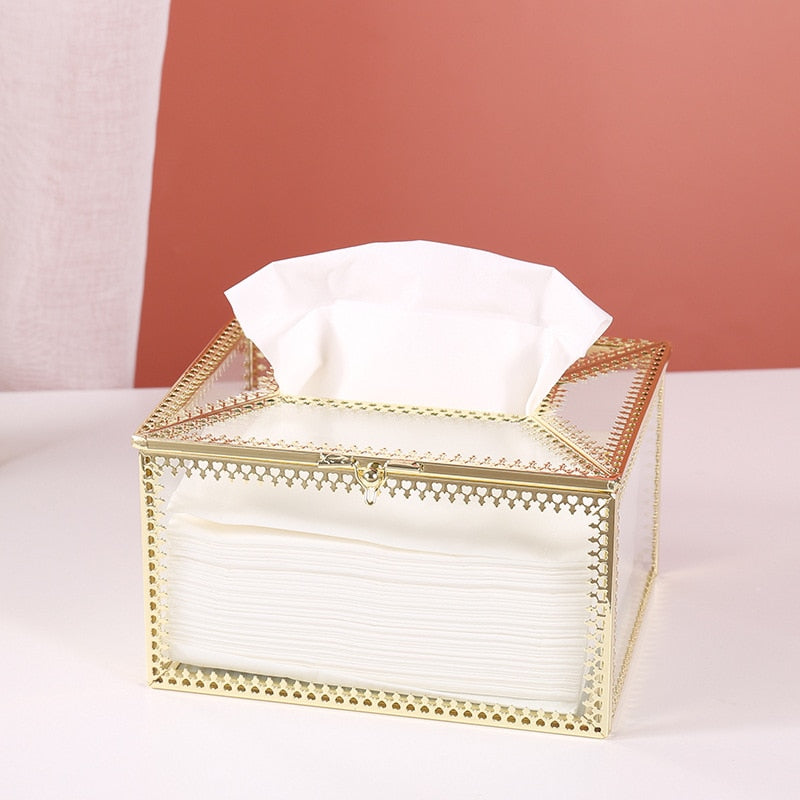 Metallic Glass Tissue Box with Hinged Lid by HitMyNeed