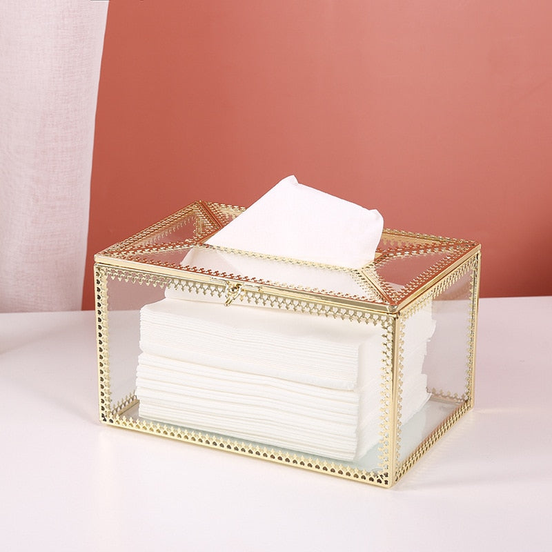 Metallic Glass Tissue Box with Hinged Lid by HitMyNeed