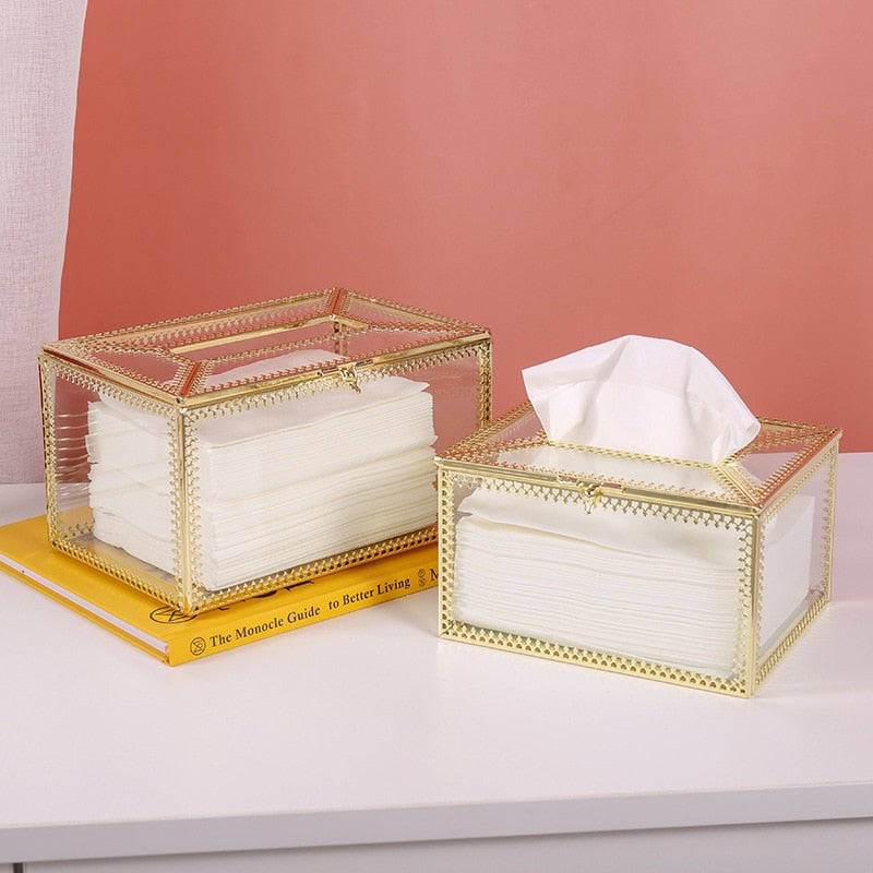 Metallic Glass Tissue Box with Hinged Lid by HitMyNeed