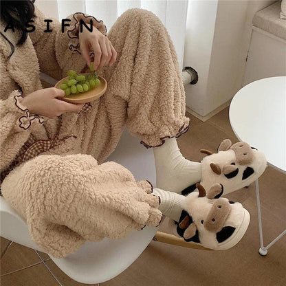 Milk Cow Fluffy Winter Cushion Slippers by HitMyNeed