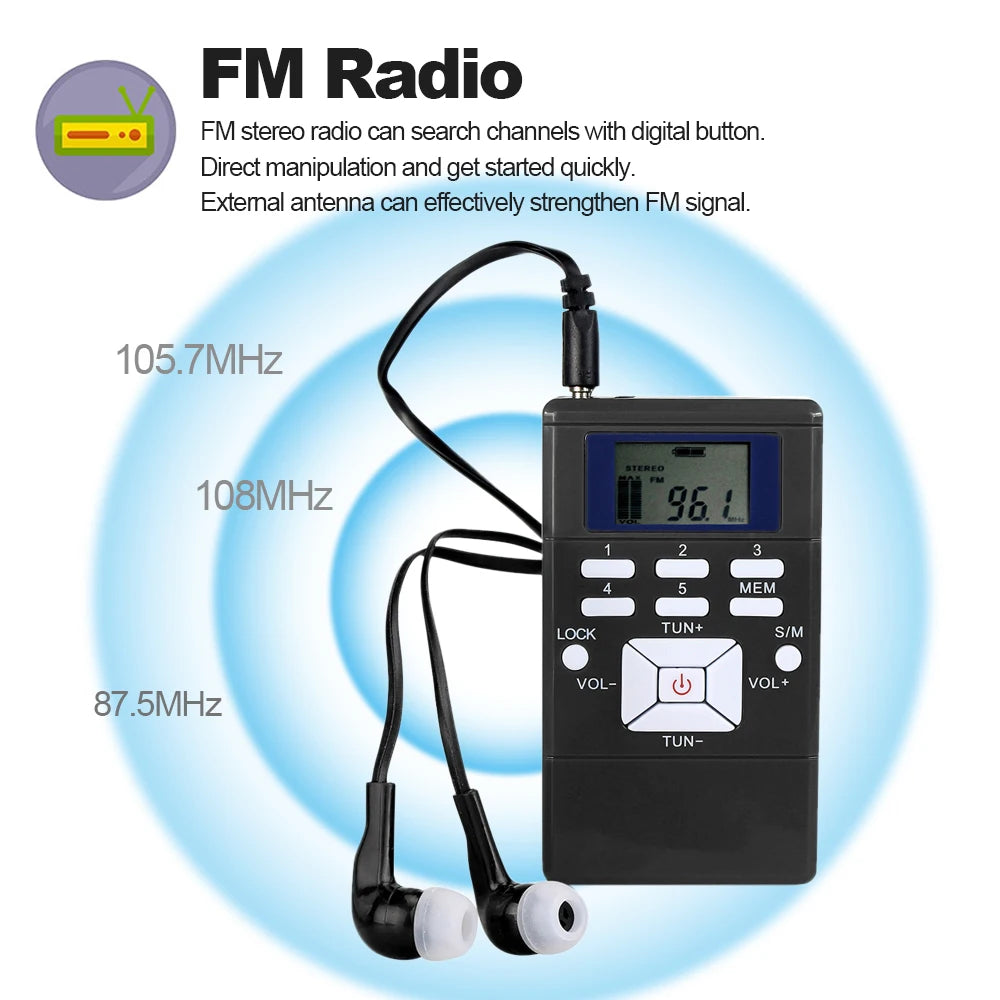 Mini Clip-On FM Radio with Digital Clock & Earphones by HitMyNeed