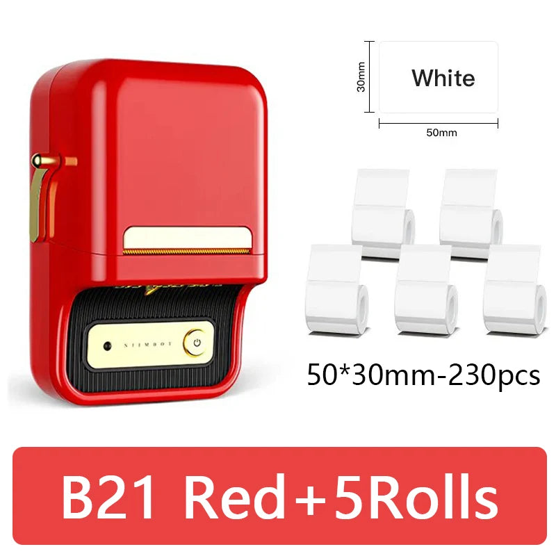 Mini Portable Bluetooth Thermal Label Printer b21-red-5rolls by HitMyNeed