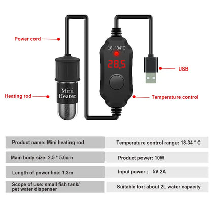 Mini USB Aquarium Heater Rod 18-34°C, 2L Tanks by HitMyNeed