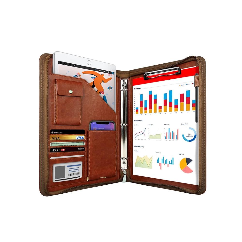 Multifunctional A4 Leather Conference Folder brown-3-ring by HitMyNeed