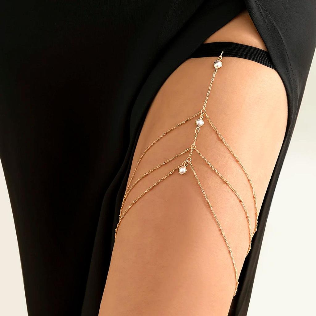 Multilayer Pearl Tassel Elastic Thigh Chain for Women js00129 by HitMyNeed
