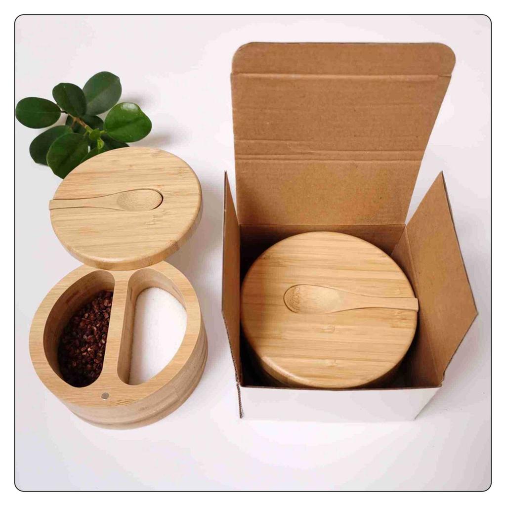 Natural Bamboo Salt Box with Spoon and Divider by HitMyNeed