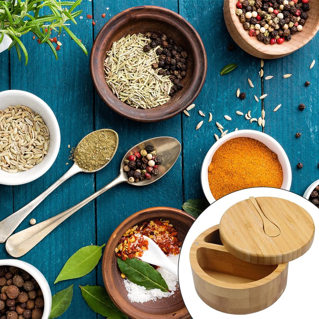 Natural Bamboo Salt Box with Spoon and Divider by HitMyNeed