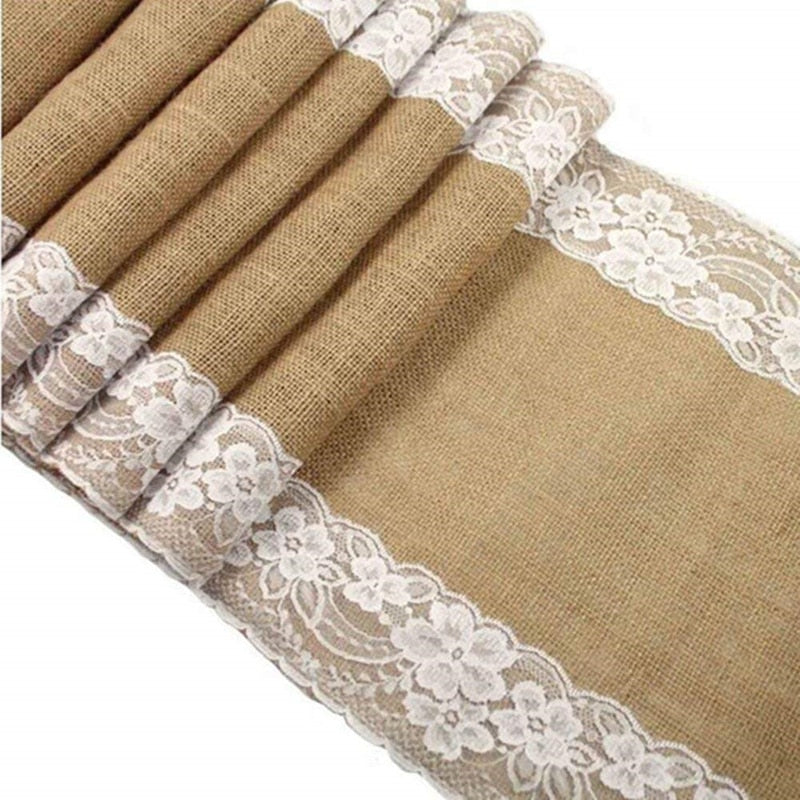 Natural Burlap Table Runner with Lace Trim by HitMyNeed