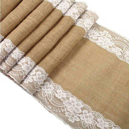 Natural Burlap Table Runner with Lace Trim by HitMyNeed
