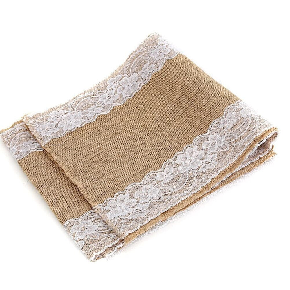 Natural Burlap Table Runner with Lace Trim by HitMyNeed