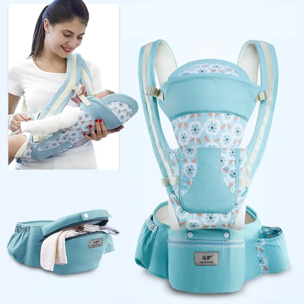 Newborn Ergonomic Baby Carrier with Hip Seat blue-flower-seasons by HitMyNeed