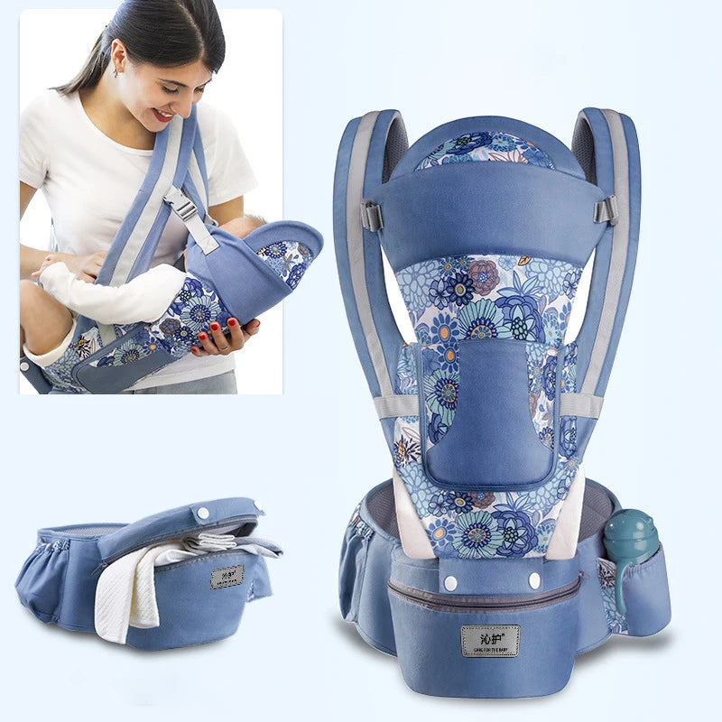 Newborn Ergonomic Baby Carrier with Hip Seat cowboy-blue-flower by HitMyNeed