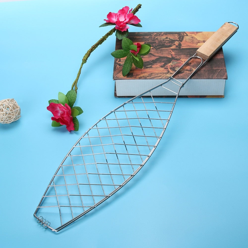 Non Stick Mesh BBQ Fish Griller with Wooden Handle by HitMyNeed