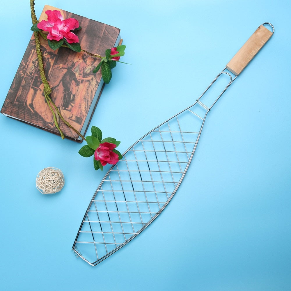 Non Stick Mesh BBQ Fish Griller with Wooden Handle by HitMyNeed