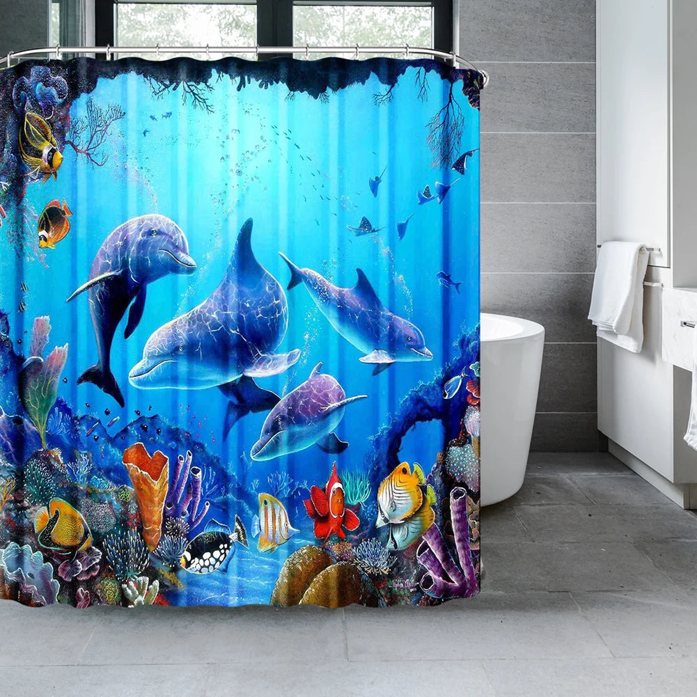 Ocean Dolphin Shower Curtain with 3D Sea Design a w180xh180cm by HitMyNeed