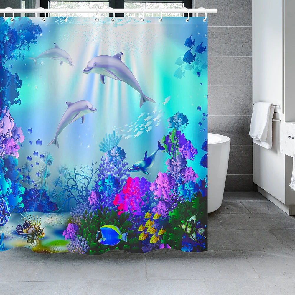 Ocean Dolphin Shower Curtain with 3D Sea Design b w180xh180cm by HitMyNeed