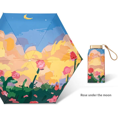 Oil Painting Compact UV Umbrella for Handbag rose-moon by HitMyNeed