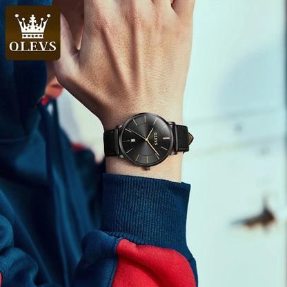 OLEVS Men's Slim Quartz Watch with Leather Strap by HitMyNeed